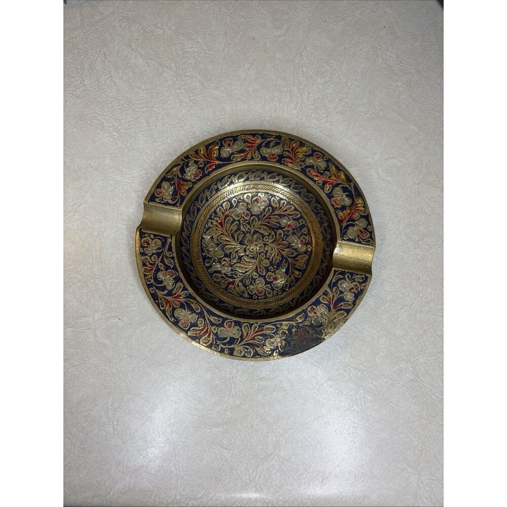 Vintage Solid Brass Ashtray Handcrafted Floral Blue & Red detailed Etching
